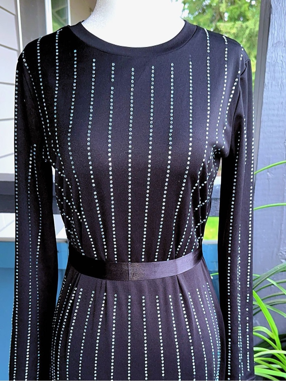 Black Long-Sleeve Rhinestone Stripe Dress Sz M